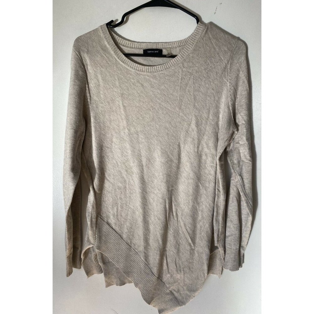 Verve Ami Womens Long Sleeve Medium Asymmetrical Oatmeal Beige Neutral Sweater